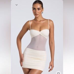 Sheer Panelled Ruched Mini Dress in Ivory